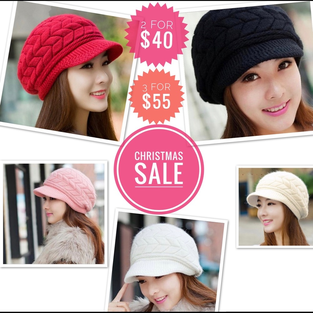 2 for $40 Red Beret  knitted Rabbit fur Beanie - Picture 2 of 4